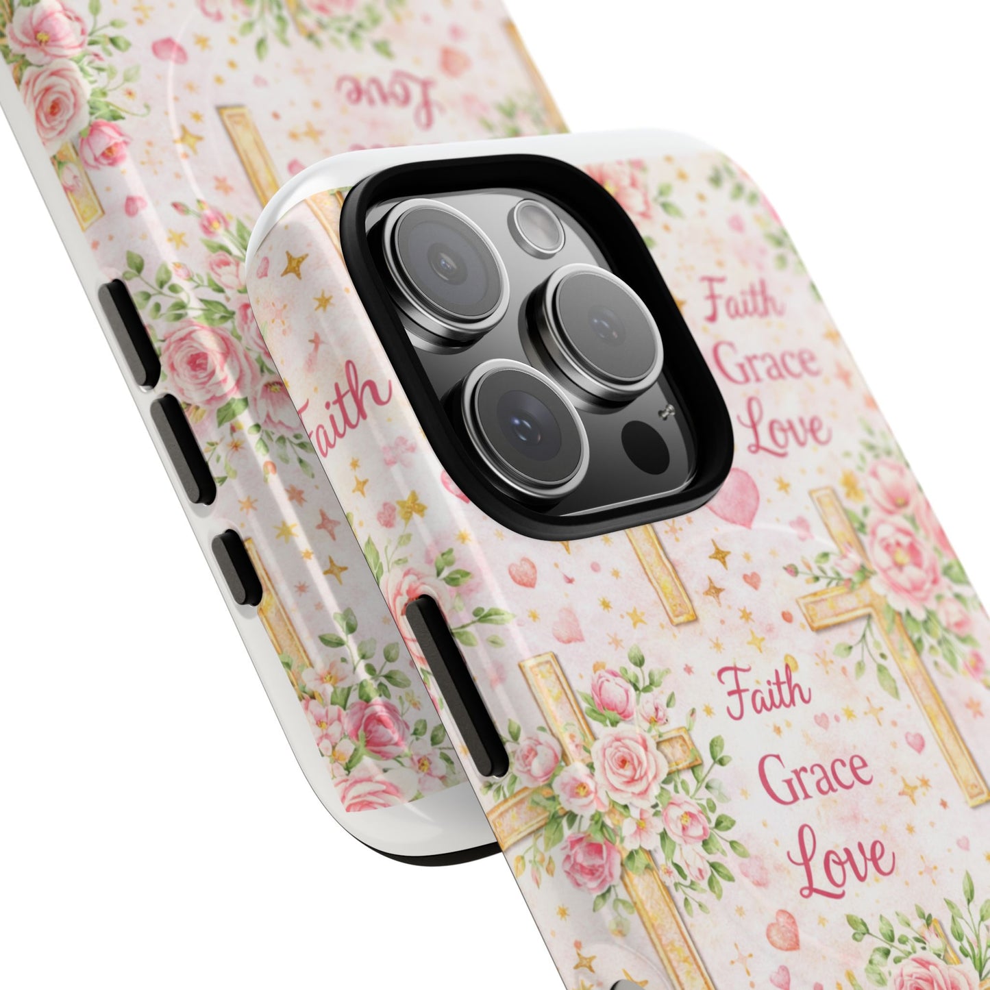 Christian Floral Cross Phone Case — "Faith Grace Love" Tough Magnetic Case