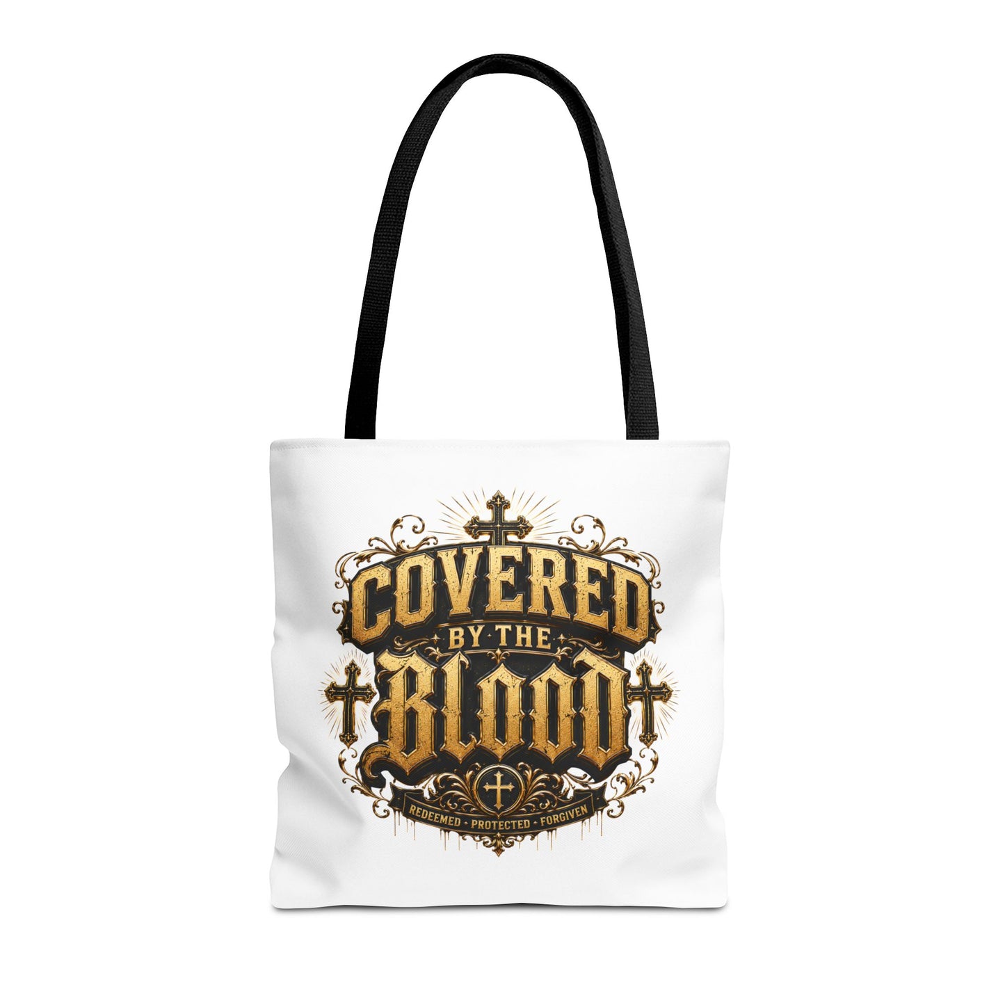 Covered by the Blood Tote Bag — Christian Cross Faith Canvas Tote
