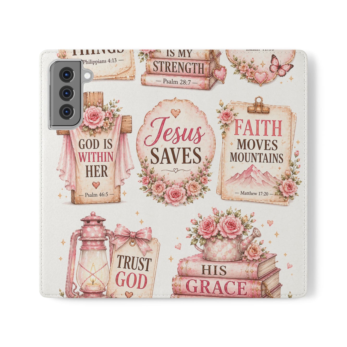 Christian Floral Phone Flip Case — "Jesus Saves" & Inspirational Scripture Wallet Cover
