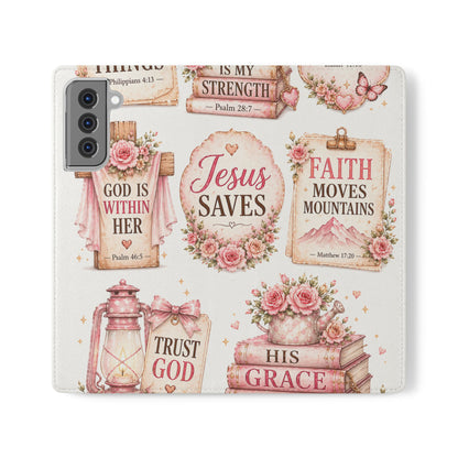 Christian Floral Phone Flip Case — "Jesus Saves" & Inspirational Scripture Wallet Cover