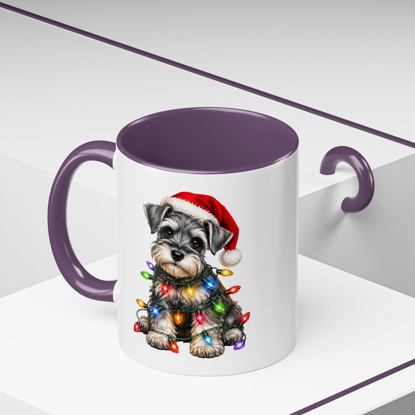 Christmas Puppy Coffee Mug — Schnauzer in Santa Hat with Holiday Lights (11/15oz)