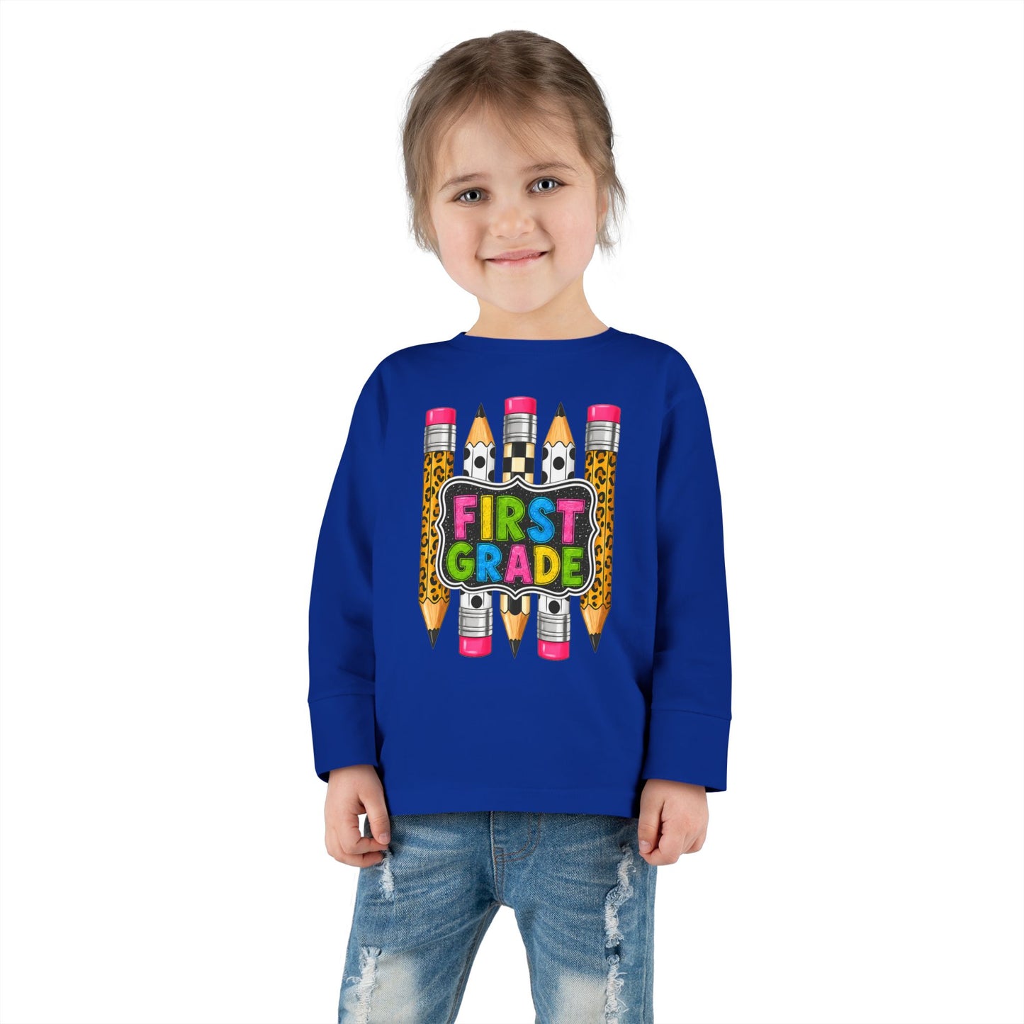 First Grade Toddler Long Sleeve Tee - Colorful Pencils Back-to-School Shirt