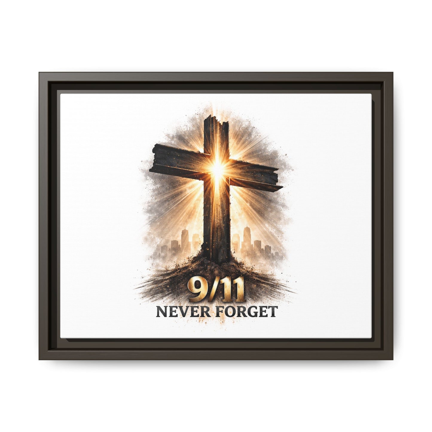 9/11 Never Forget Framed Canvas Wall Art — Memorial Cross Tribute