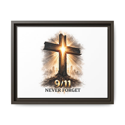9/11 Never Forget Framed Canvas Wall Art — Memorial Cross Tribute