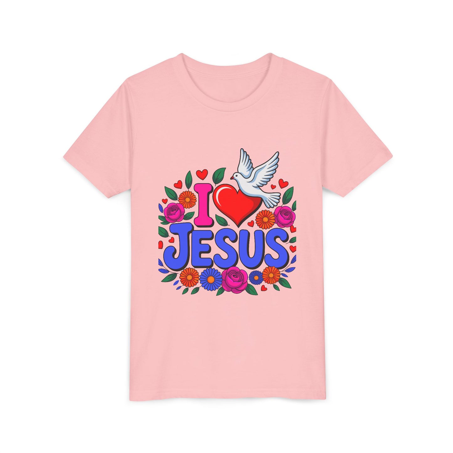 Youth Tee — "I  Jesus" Colorful Dove & Floral Christian Shirt
