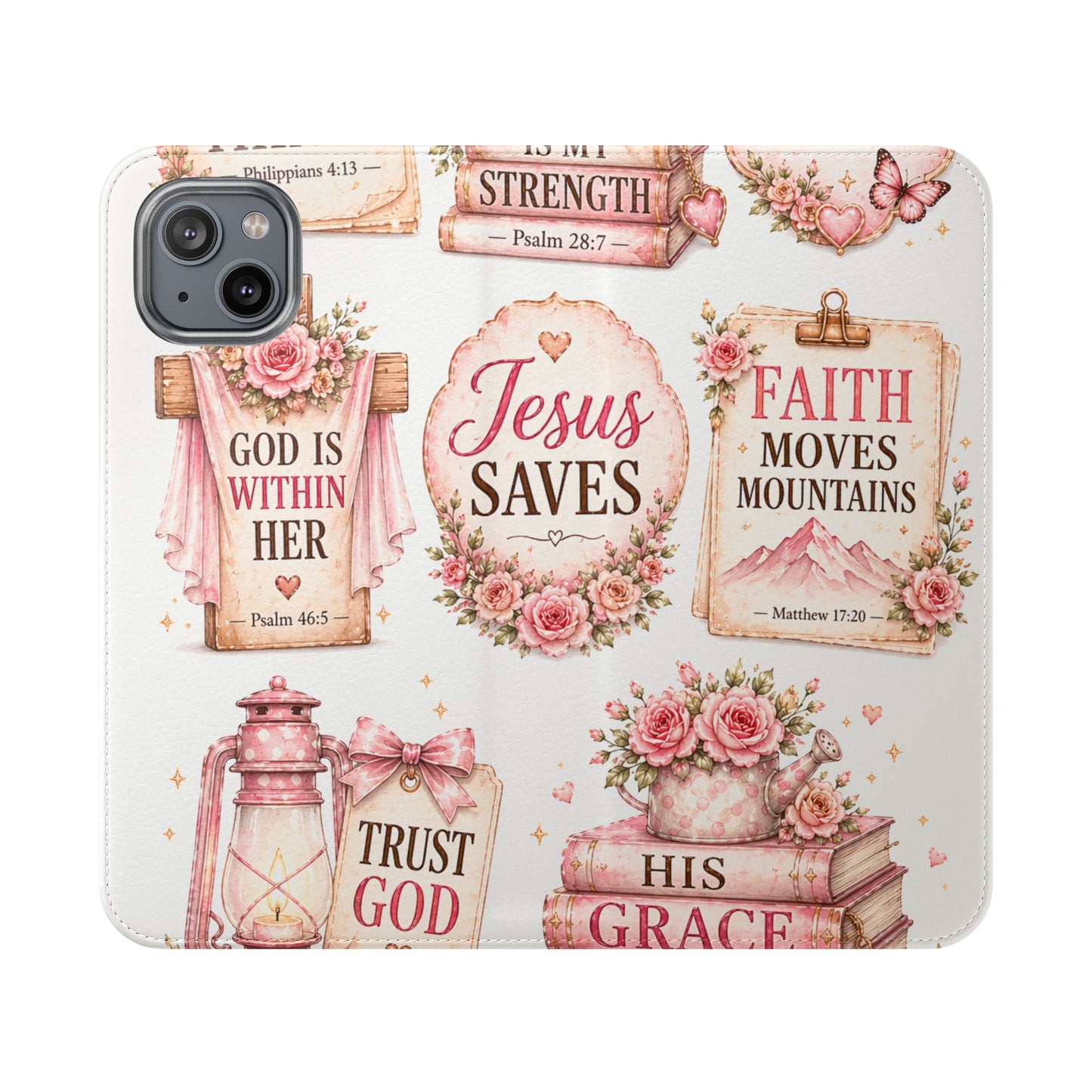 Christian Floral Phone Flip Case — "Jesus Saves" & Inspirational Scripture Wallet Cover