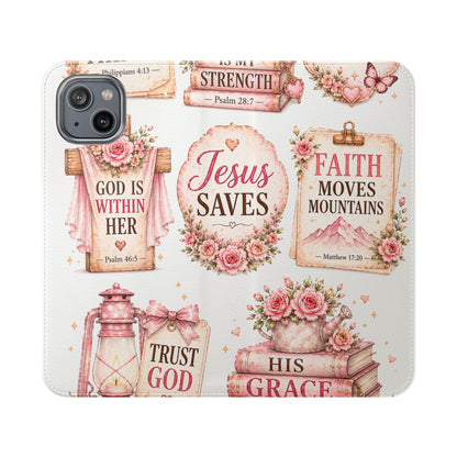 Christian Floral Phone Flip Case — "Jesus Saves" & Inspirational Scripture Wallet Cover