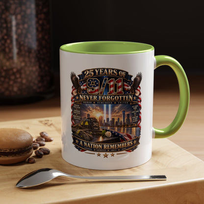 9/11 Memorial Coffee Mug — "25 Years of Never Forgotten" Patriot Tribute