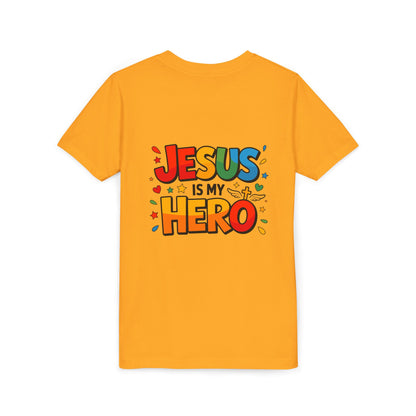 Youth Tee — "Jesus Is My Hero" Colorful Kids Christian T-Shirt