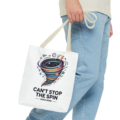 Tote Bag — “Can’t Stop The Spin” ADHD Mind Colorful Tornado Tote