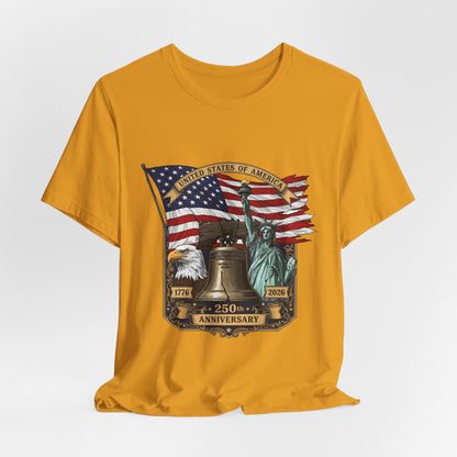 Liberty 250th Anniversary T-Shirt — American Flag, Liberty Bell & Statue of Liberty Tee