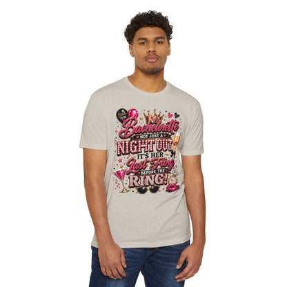 Bachelorette Party T-Shirt — "Not Just a Night Out, It’s Her Last Fling Before the Ring"