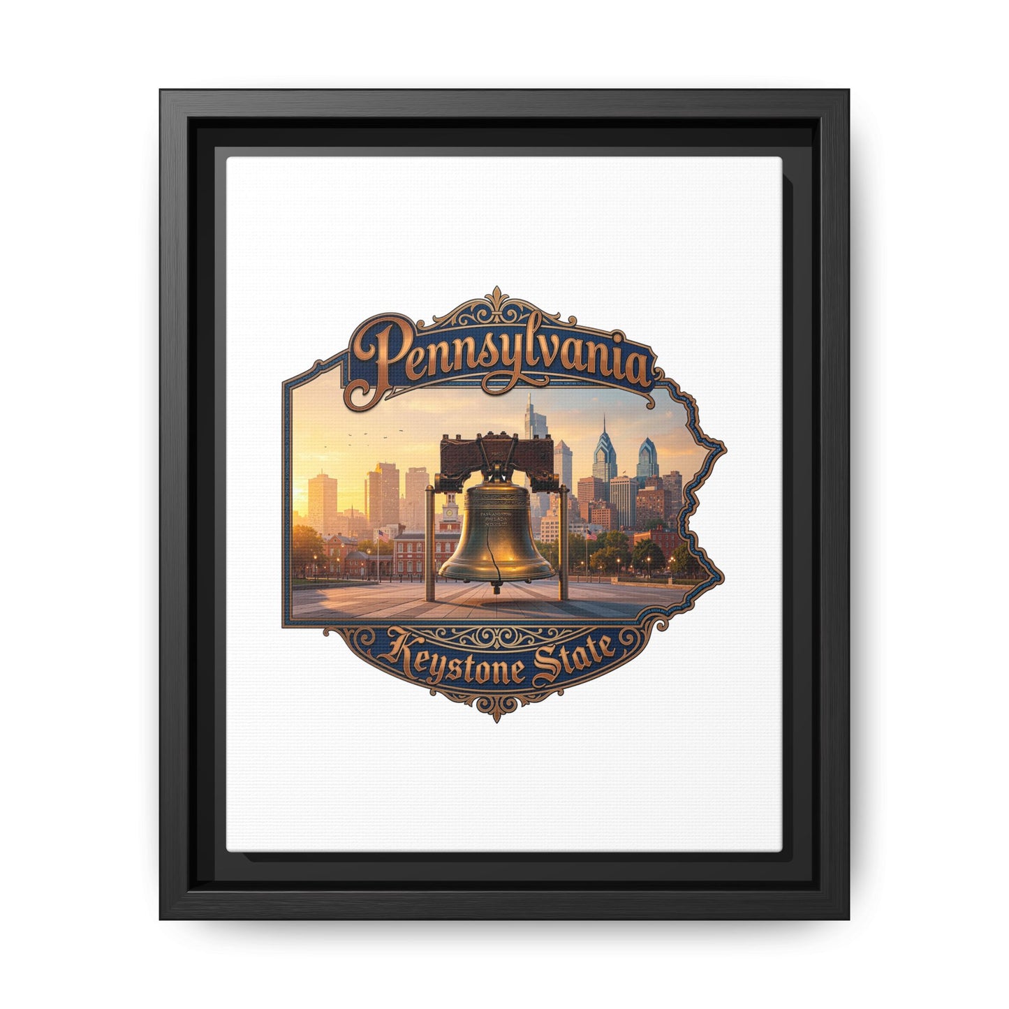 Pennsylvania Keystone State Framed Canvas Wall Art — Liberty Bell & Philadelphia Skyline