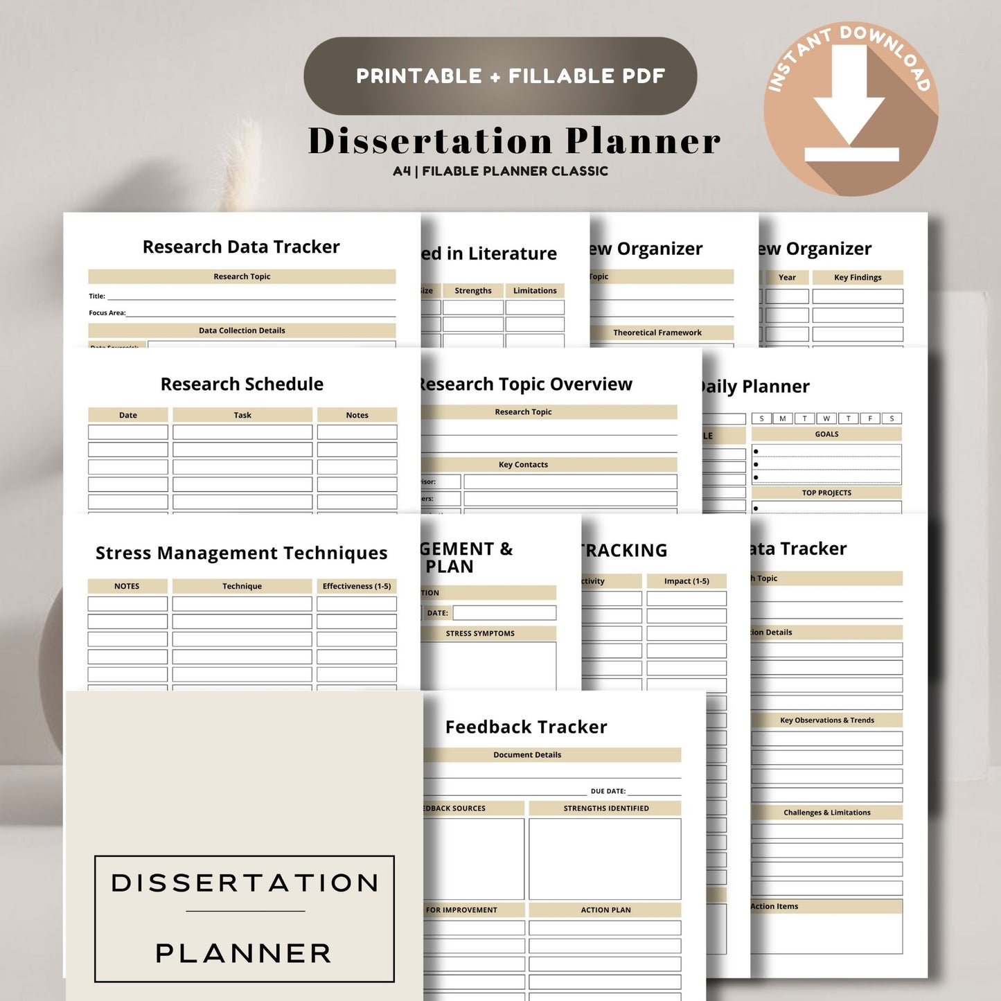 Dissertation Planner | Thesis & Research Planner | PhD Writing Planner | Academic Project Organizer PDF