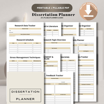 Dissertation Planner | Thesis & Research Planner | PhD Writing Planner | Academic Project Organizer PDF