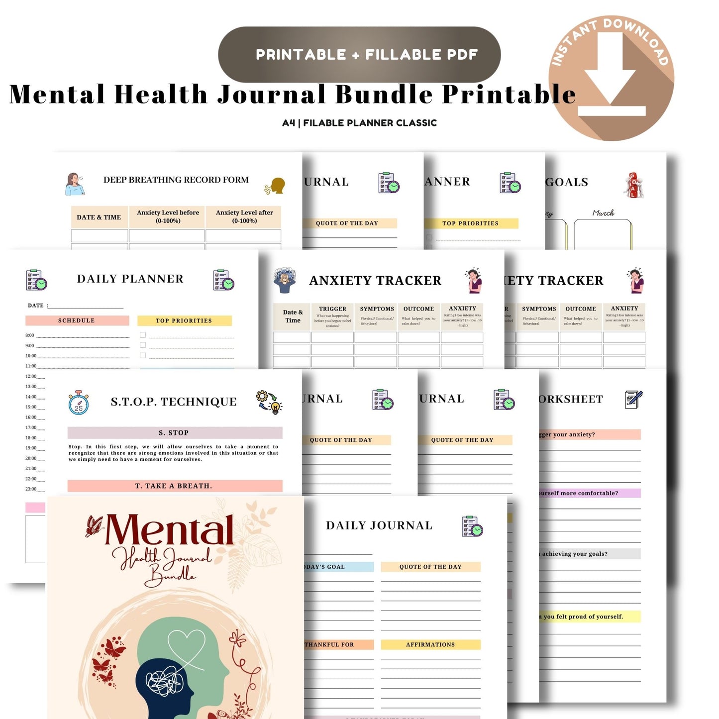 mental health, self care, wellness journal, mood tracker, therapy journal, mindfulness, stress relief, gratitude, daily journal, anxiety help, self care planner, journal bundle, wellness planner, mental wellness, journal pdf