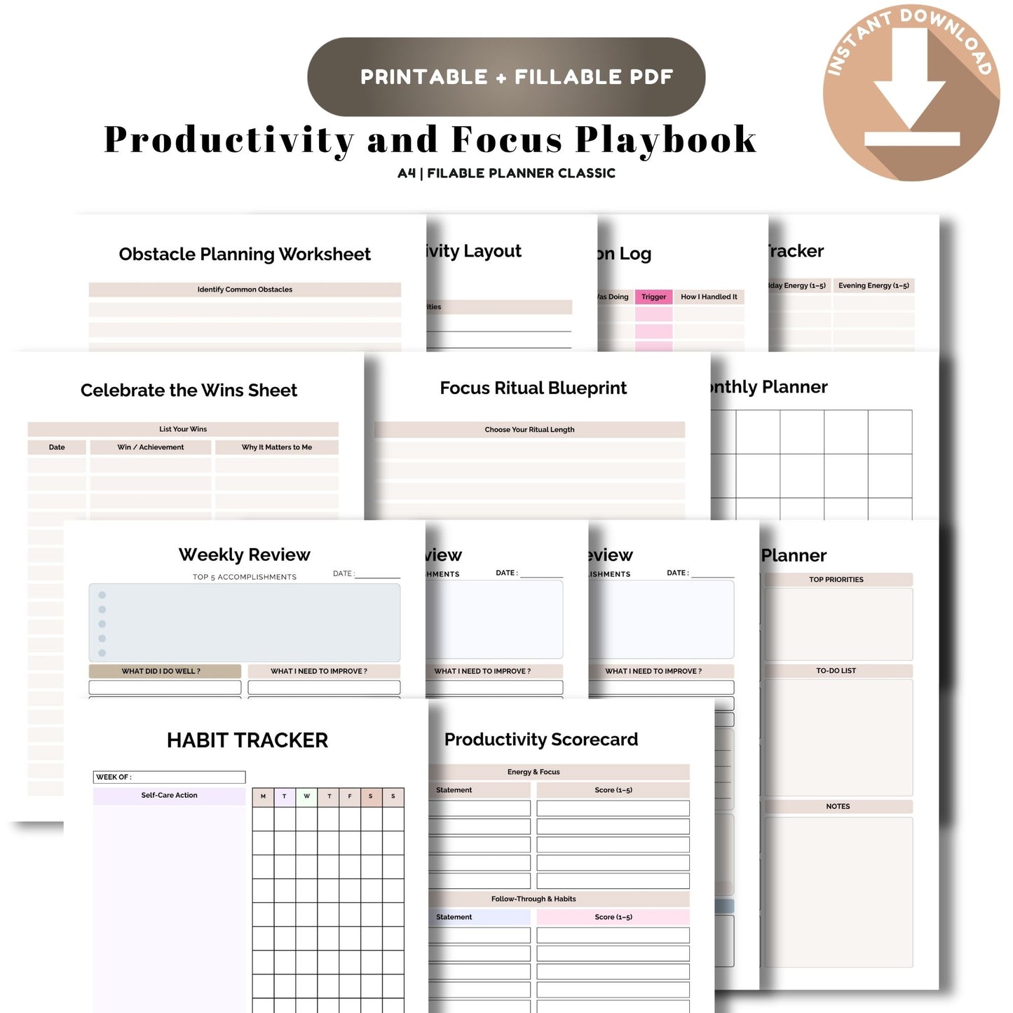 Productivity & Focus Playbook Printable | Time Management & Deep Work Planner