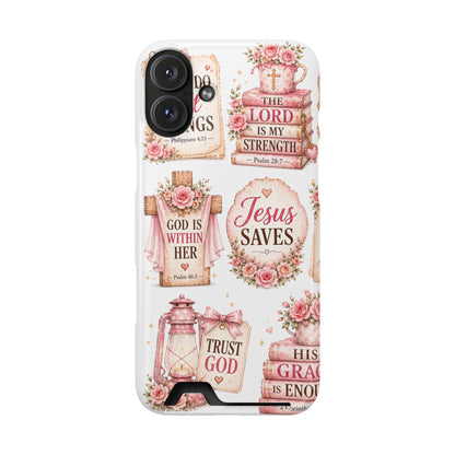 Christian Floral Phone Case with Card Holder — 'Jesus Saves' Inspirational Design