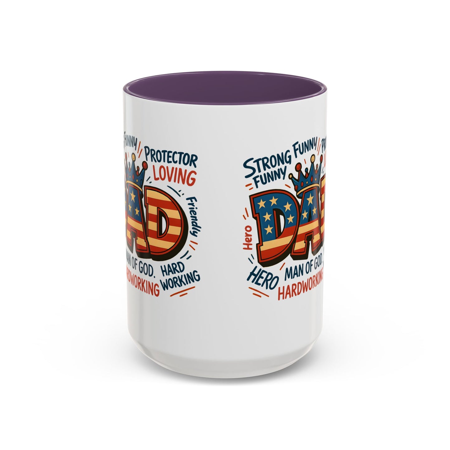 Dad Coffee Mug — Patriotic "DAD" Design with Loving, Hardworking, Protector Keywords (11/15oz Accent Mug)