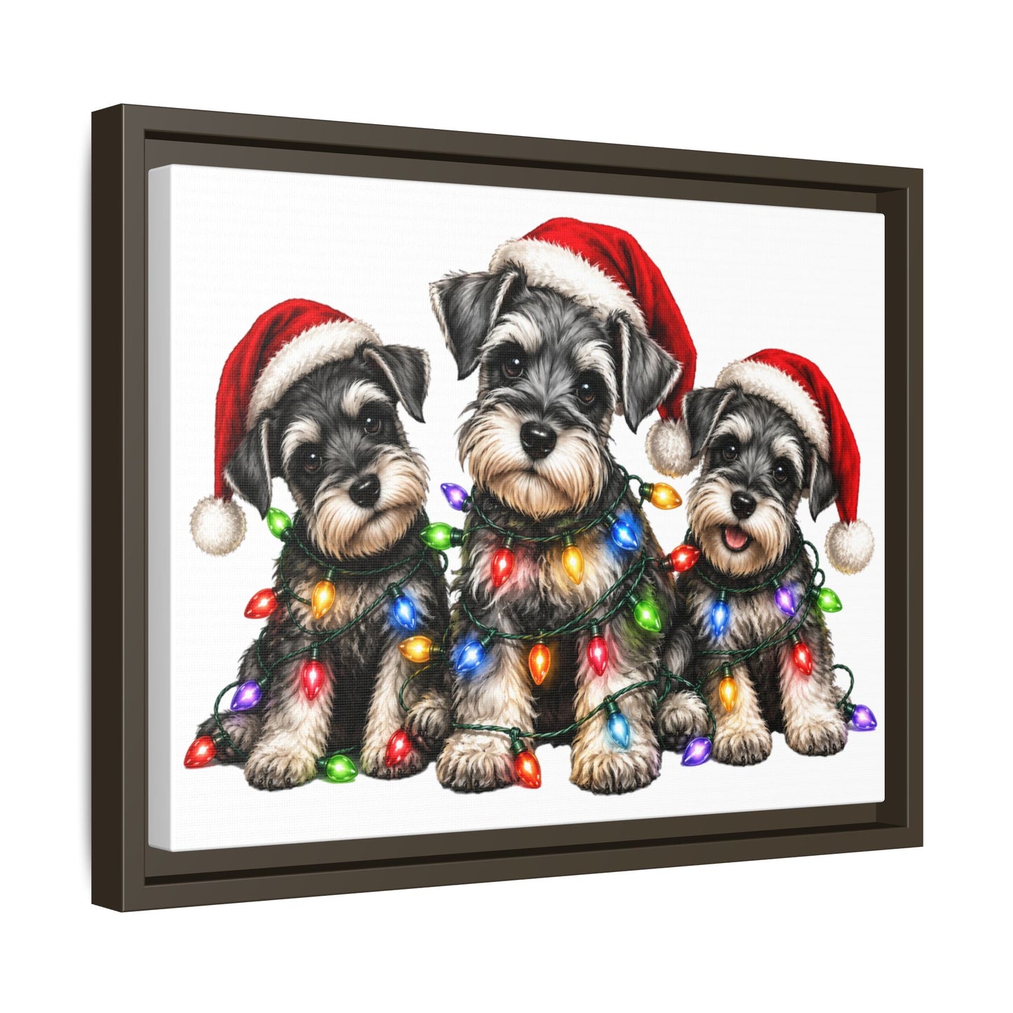 Christmas Schnauzer Canvas Print — Festive Puppies in Santa Hats (Matte Framed)