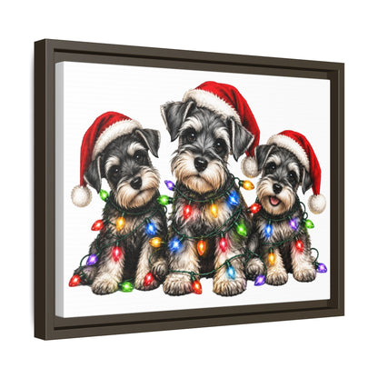 Christmas Schnauzer Canvas Print — Festive Puppies in Santa Hats (Matte Framed)