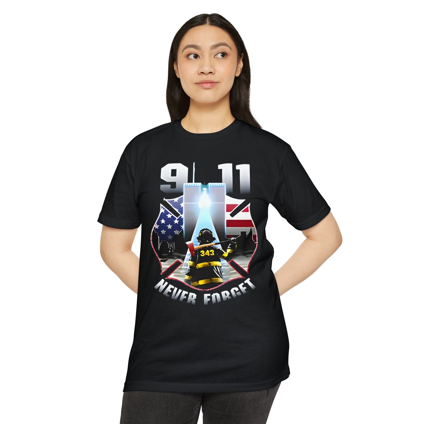9/11 Never Forget T-Shirt — Firefighter Tribute Tee with Twin Towers & American Flag