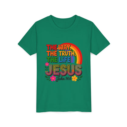 Youth Tee — "The Way, The Truth, The Life" Jesus John 14:6 Rainbow Christian Shirt