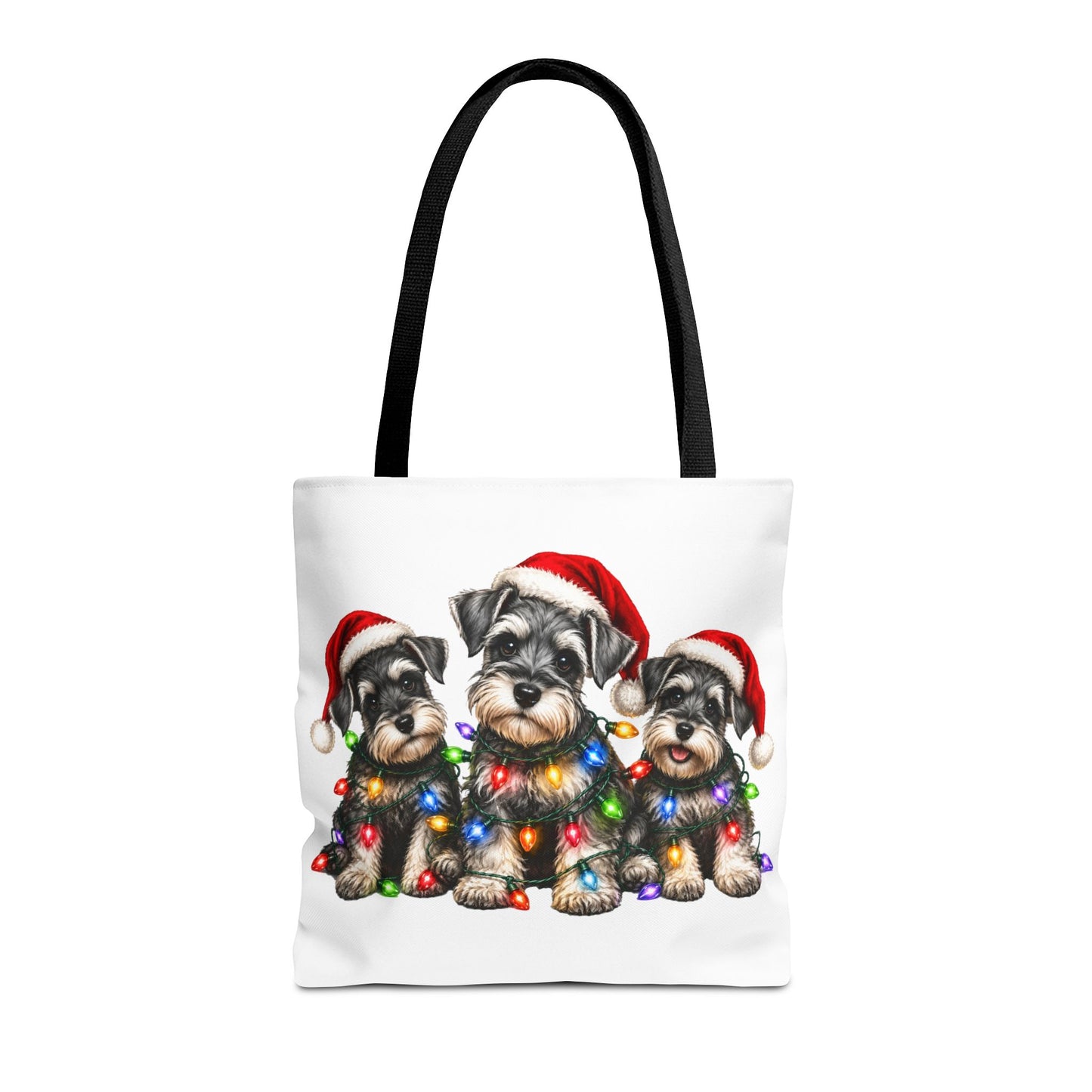 Christmas Schnauzer Tote Bag — Cute Puppies in Santa Hats & Holiday Lights