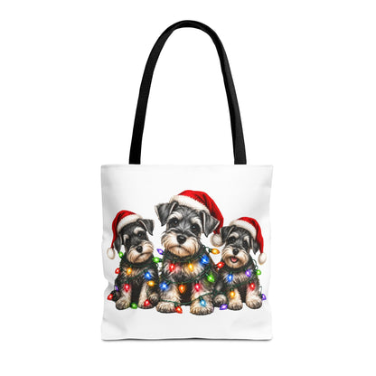 Christmas Schnauzer Tote Bag — Cute Puppies in Santa Hats & Holiday Lights