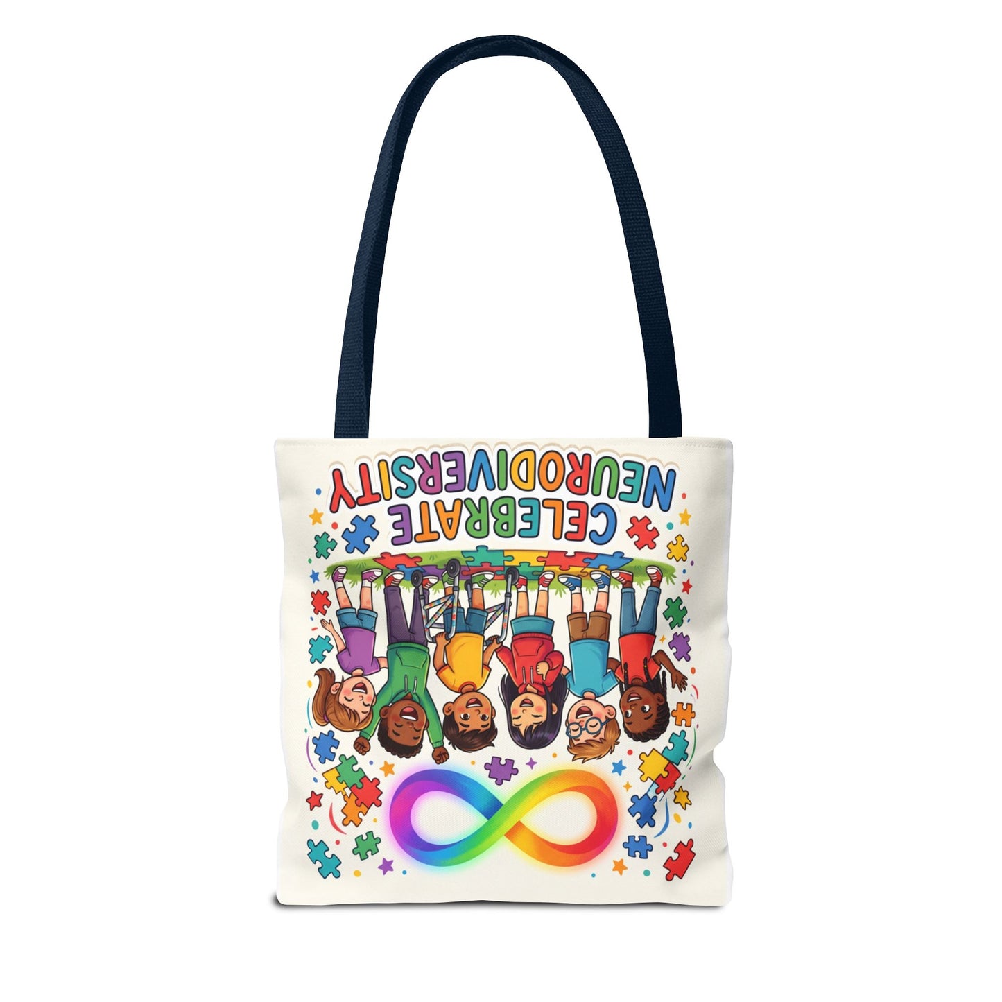 Celebrate Neurodiversity Tote Bag — Rainbow Infinity Symbol & Kids Design