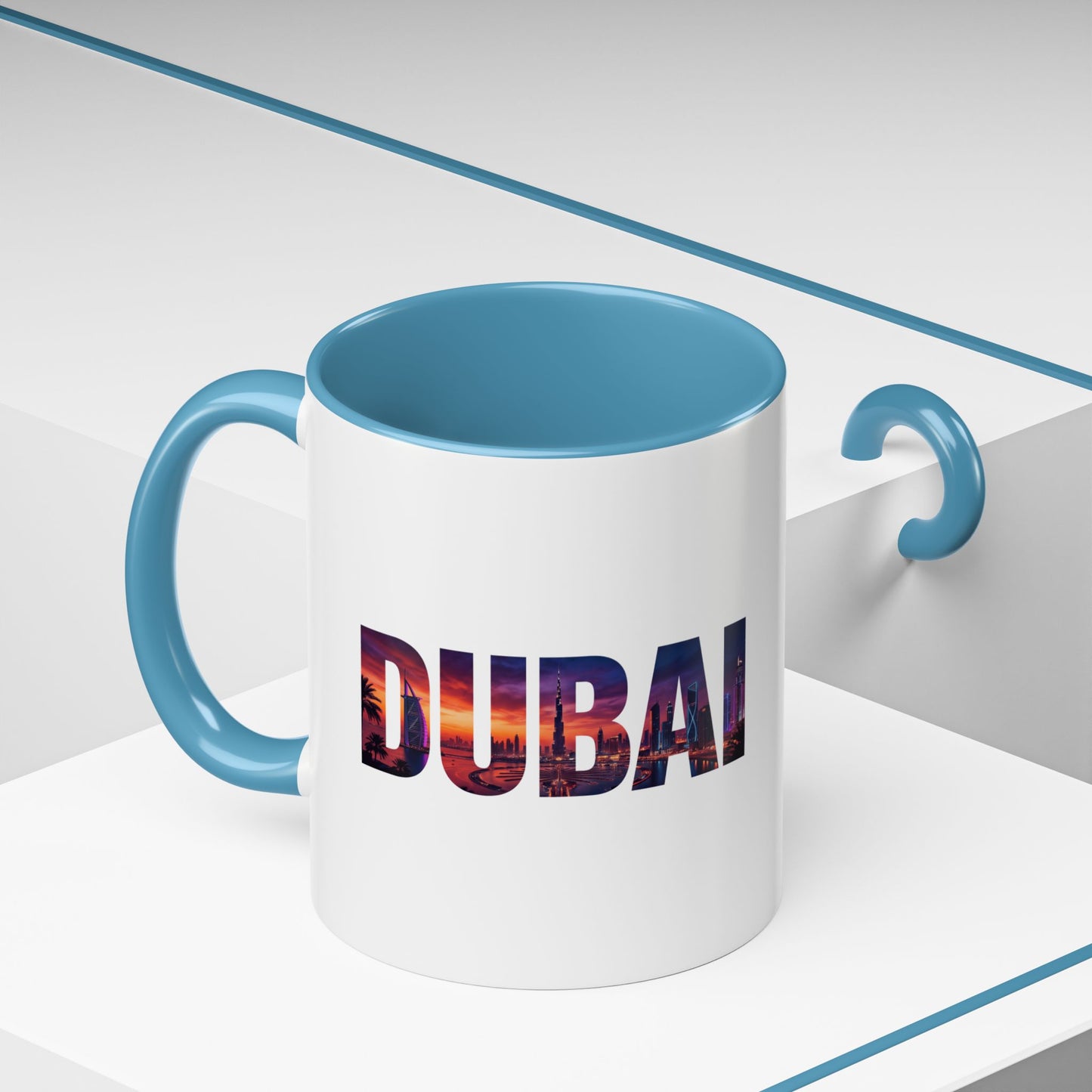 Dubai Skyline Accent Coffee Mug — Sunset City Photo Text (11/15oz)