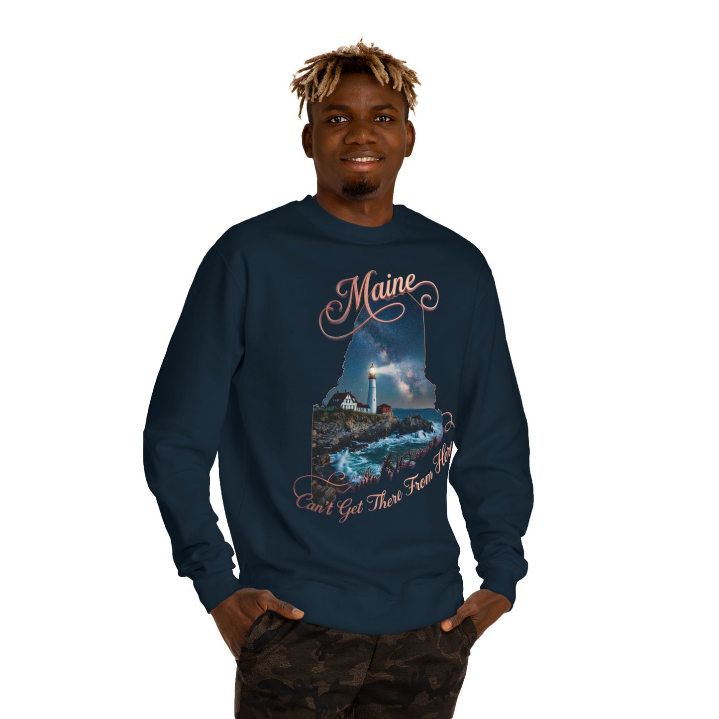 Maine Lighthouse Crewneck Sweatshirt — "Can't Get There From Here" Coastal Graphic