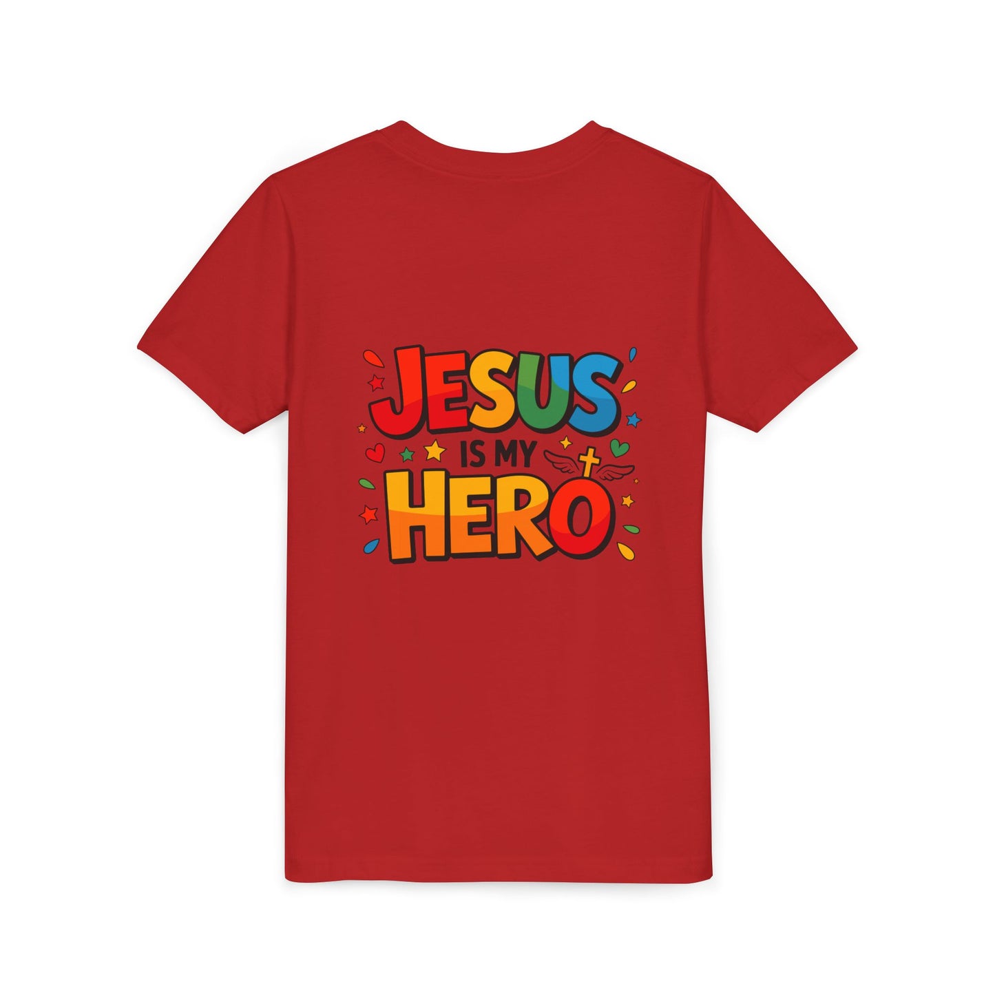 Youth Tee — "Jesus Is My Hero" Colorful Kids Christian T-Shirt