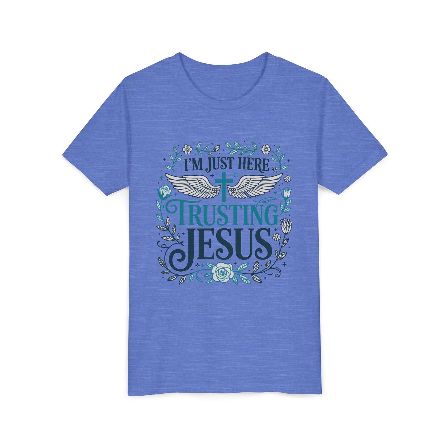 Trusting Jesus Youth Tee — "I'm Just Here Trusting Jesus" Christian Kids T‑Shirt