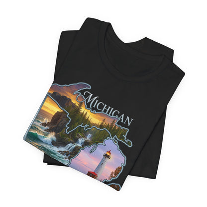 Michigan Scenic Map T-Shirt — Great Lakes Lighthouse Sunset Tee