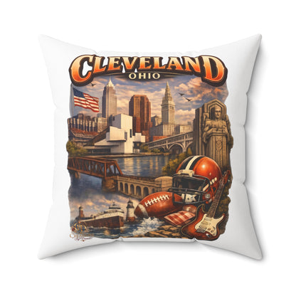 Cleveland Vintage Skyline Throw Pillow – Ohio Cityscape with Football & Rock Icons
