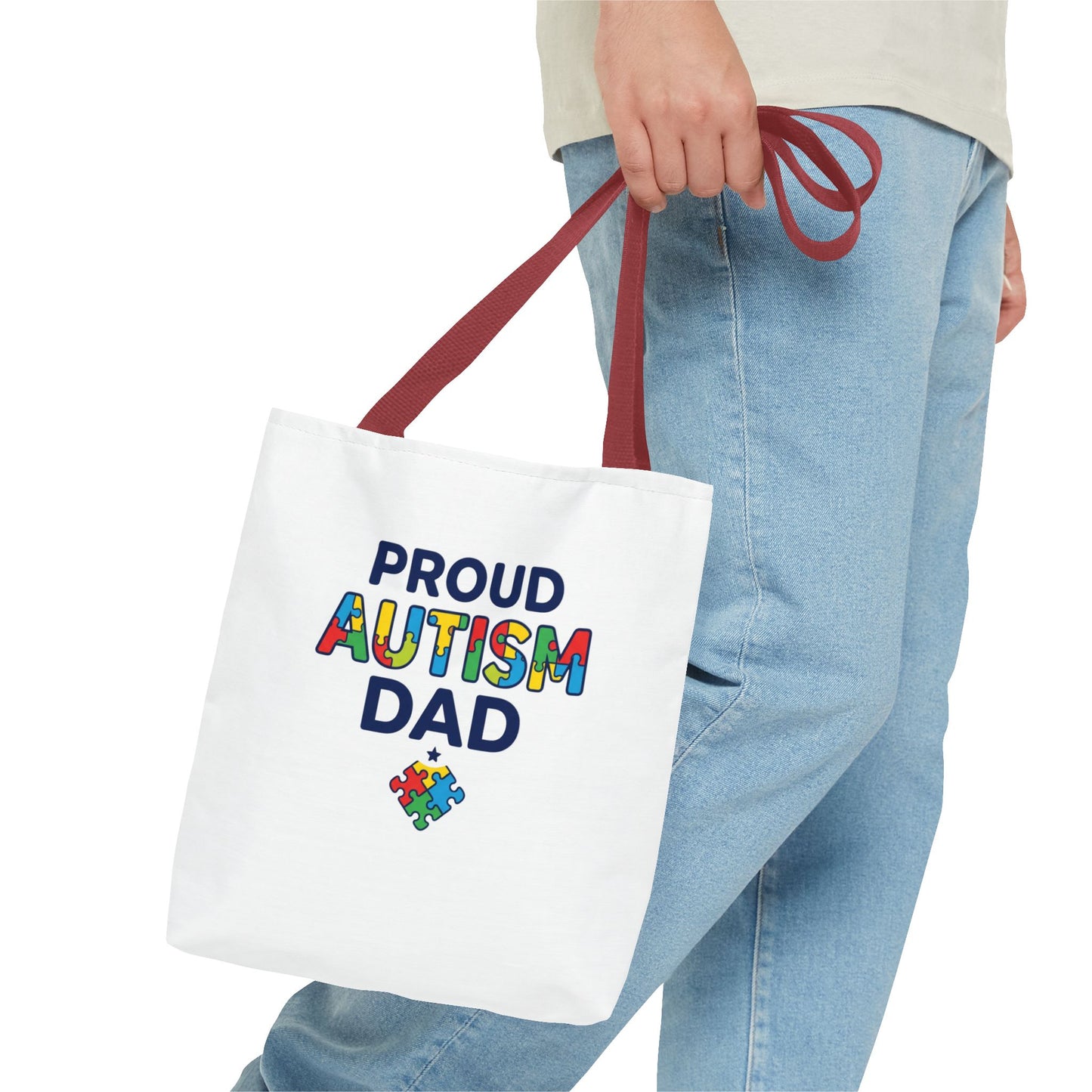 Proud Autism Dad Tote Bag — Colorful Puzzle-Heart Support Gift