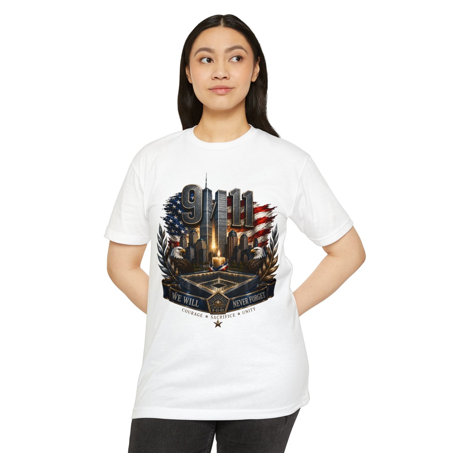 9/11 Never Forget Memorial T-Shirt — Tribute American Flag Skyline Tee