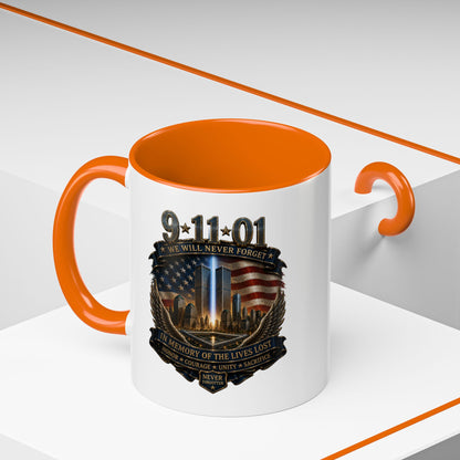 9/11 Memorial Coffee Mug — 'We Will Never Forget' Tribute Accent Mug