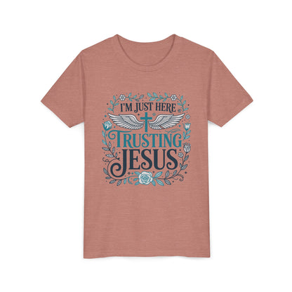 Trusting Jesus Youth Tee — "I'm Just Here Trusting Jesus" Christian Kids T‑Shirt