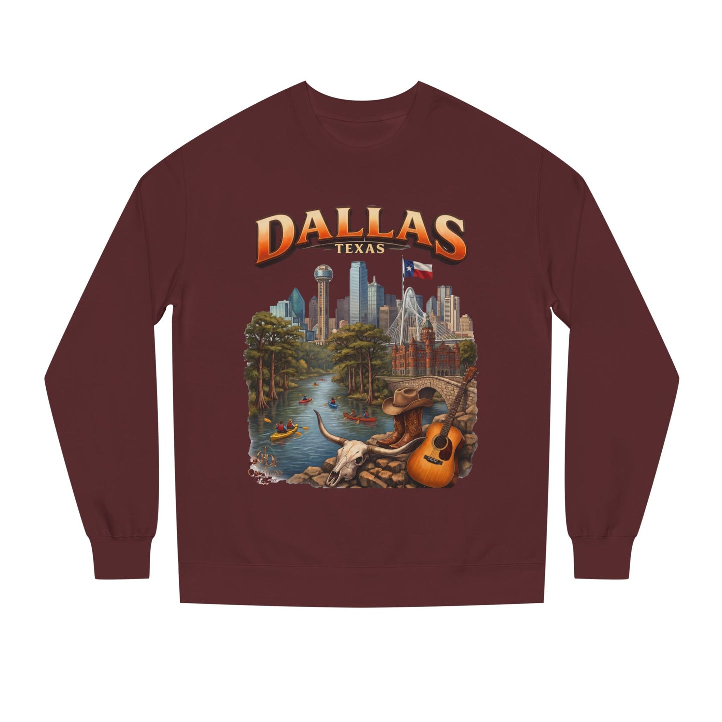 Dallas Skyline Crewneck Sweatshirt — Texas Cityscape & Acoustic Guitar Design