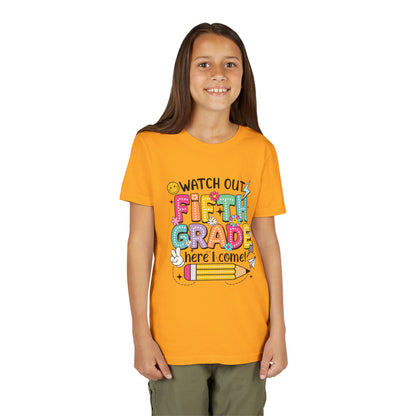 Fifth Grade Here I Come Youth Tee — Colorful Back-to-School Kids Shirt