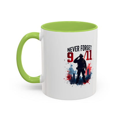Never Forget 9/11 Accent Coffee Mug — Patriotic Memorial Tribute (11oz, 15oz)