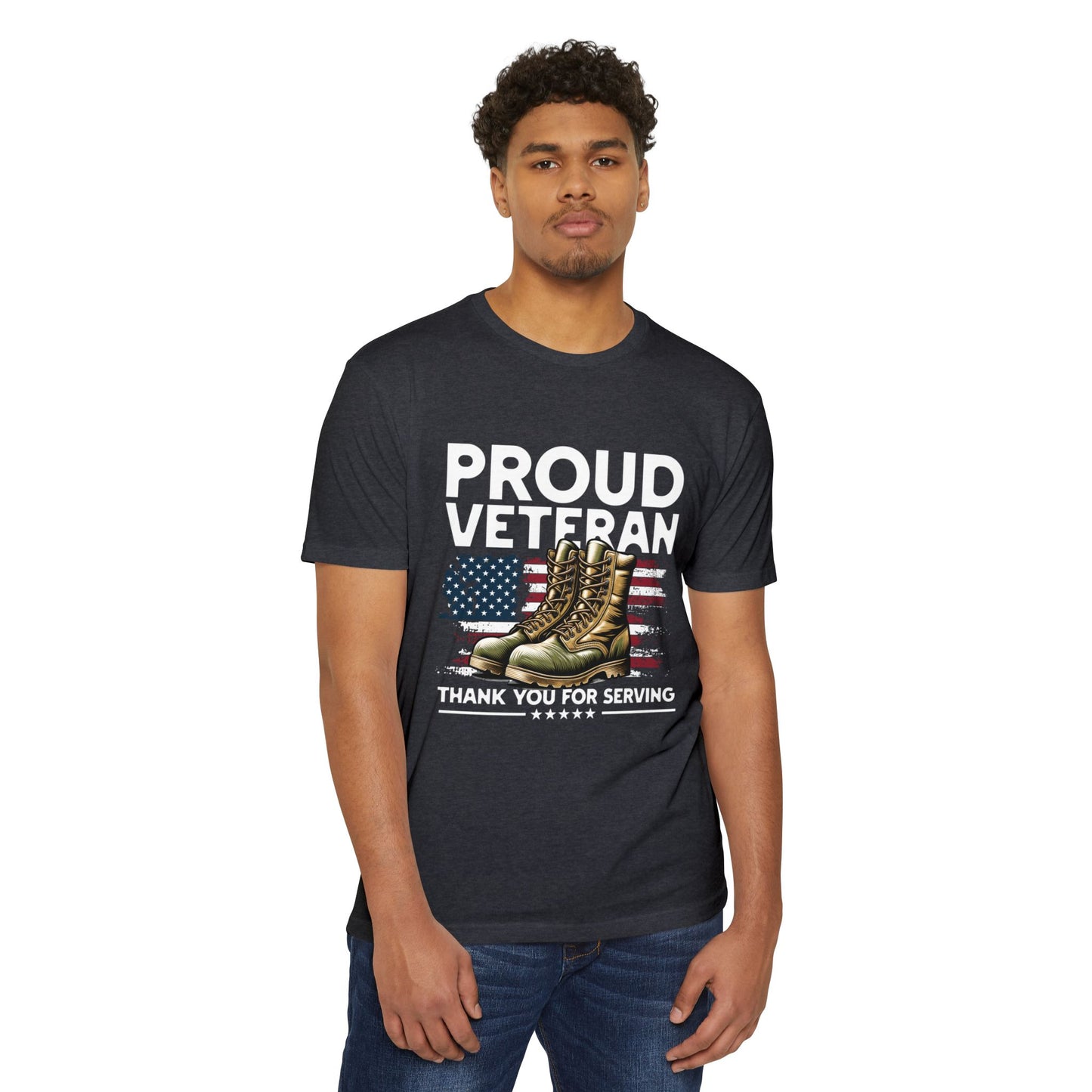 Proud Veteran T-Shirt — "Proud Veteran" with Military Boots & American Flag — Thank You for Serving
