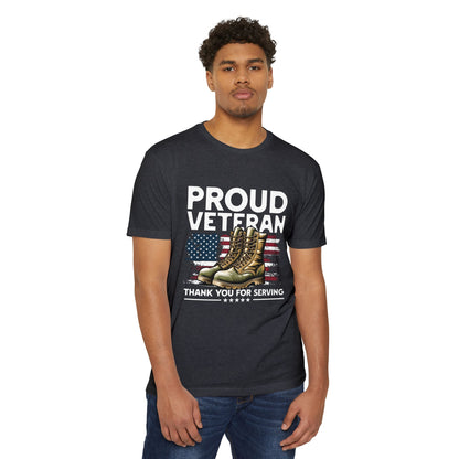 Proud Veteran T-Shirt — "Proud Veteran" with Military Boots & American Flag — Thank You for Serving
