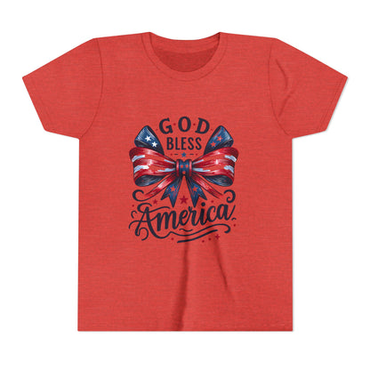 Youth Tee — "God Bless America" Patriotic Bow T-Shirt (4th of July, Memorial Day)