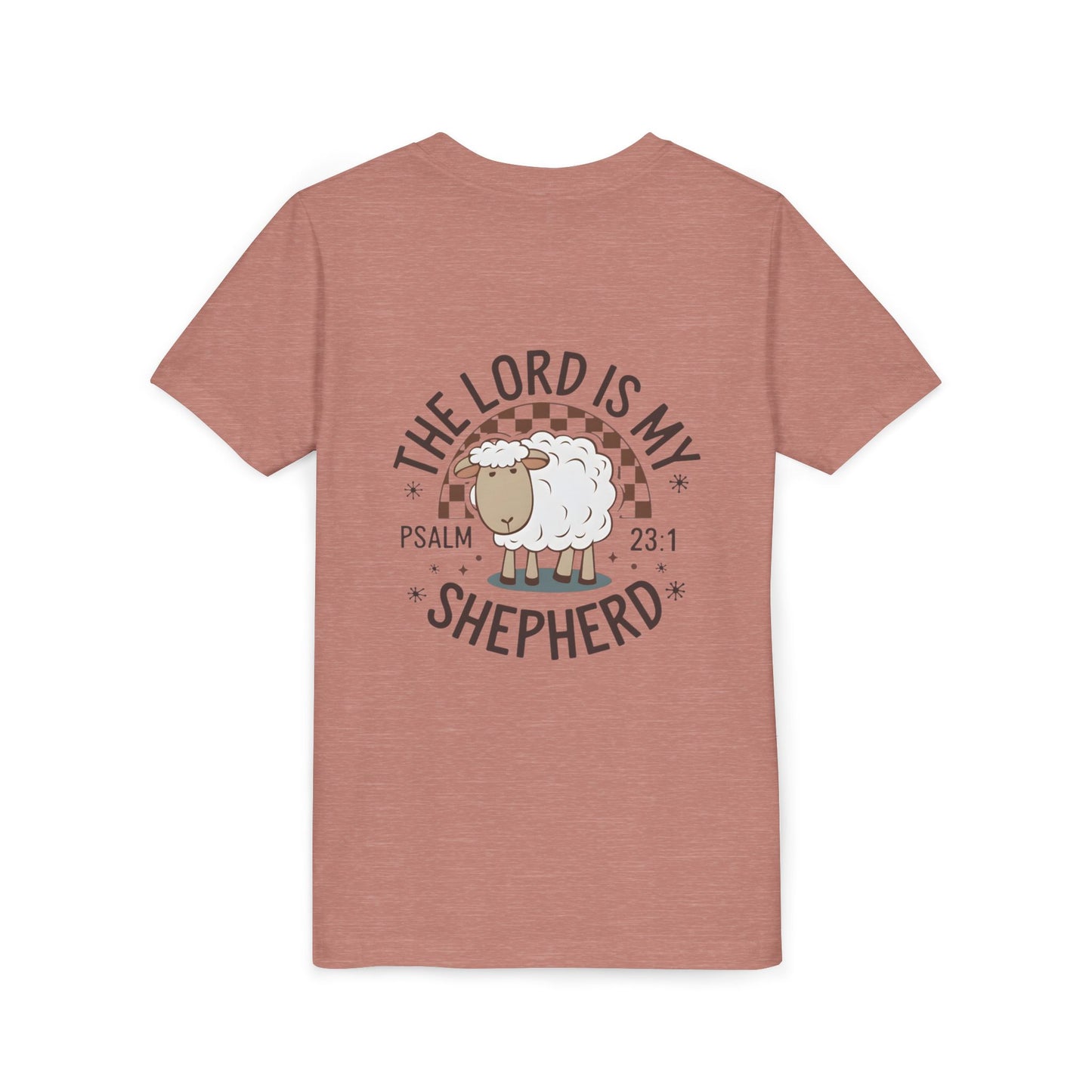 Youth Tee — "The Lord Is My Shepherd" Psalm 23:1 Christian Kids T‑Shirt (Sheep Design)