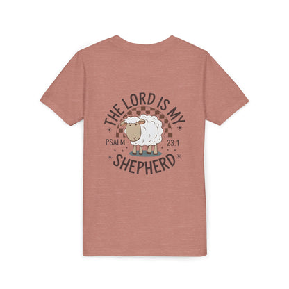 Youth Tee — "The Lord Is My Shepherd" Psalm 23:1 Christian Kids T‑Shirt (Sheep Design)