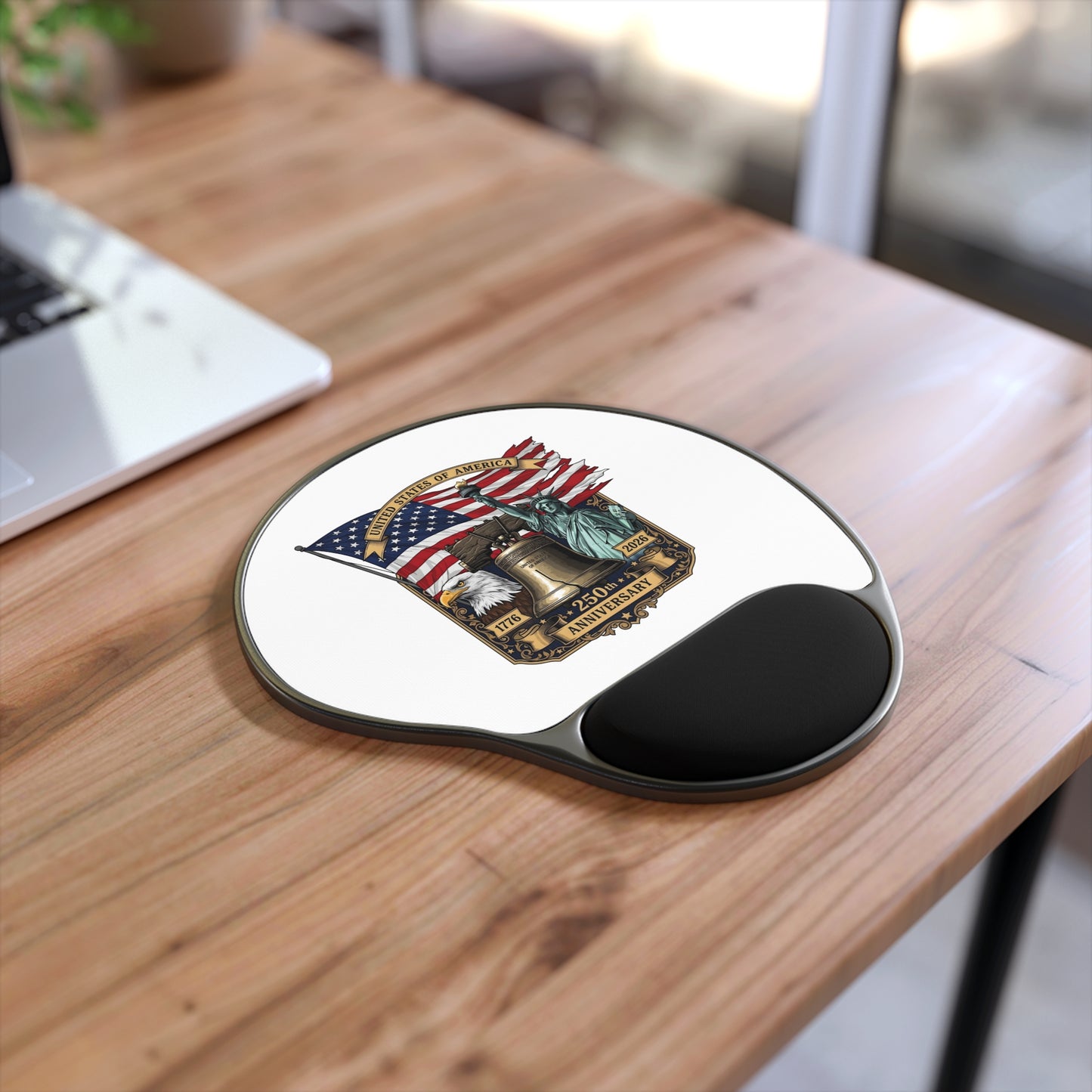 Patriotic 250th Anniversary Mouse Pad with Wrist Rest — Liberty Bell & Statue of Liberty Design
