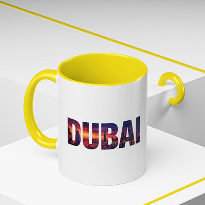 Dubai Skyline Accent Coffee Mug — Sunset City Photo Text (11/15oz)